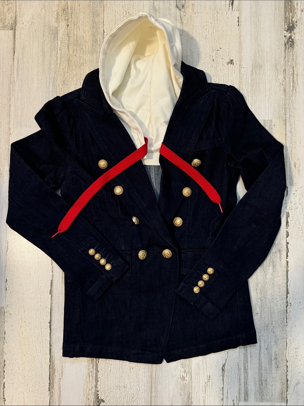 Miller Wendt Removable Hood Rio Denim Goldtone Button Pockets Blazer Jacket XS